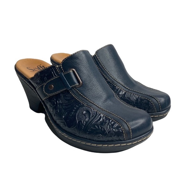 Sofft Shoes - Sofft Dory Dark Navy Blue Tooled Embossed Scroll Leather Clog Mules Size 7.5 EUC